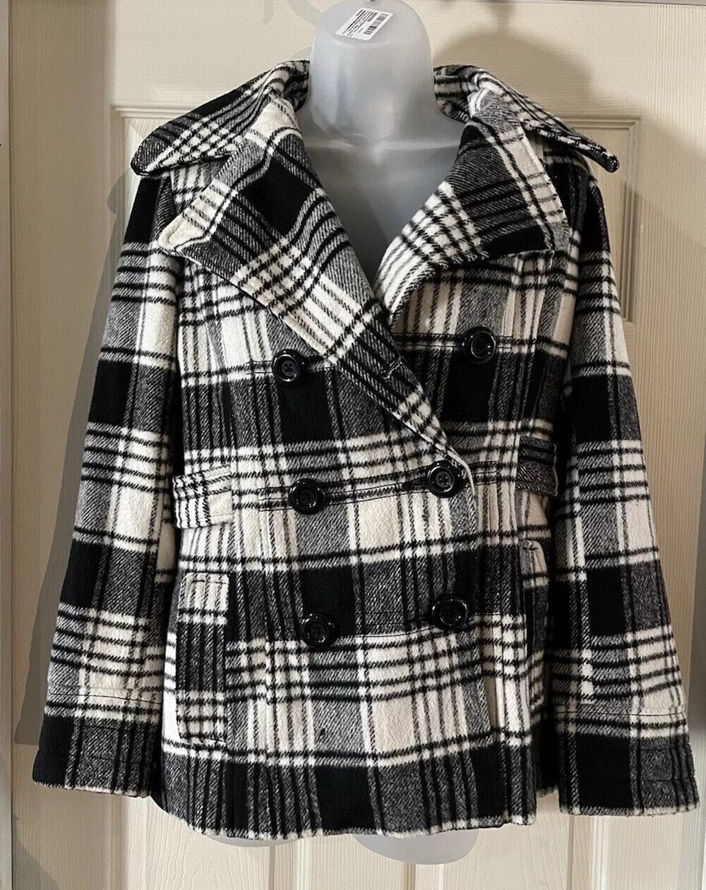 George Plaid Peacoat Size Small Black White Pockets Buttons
